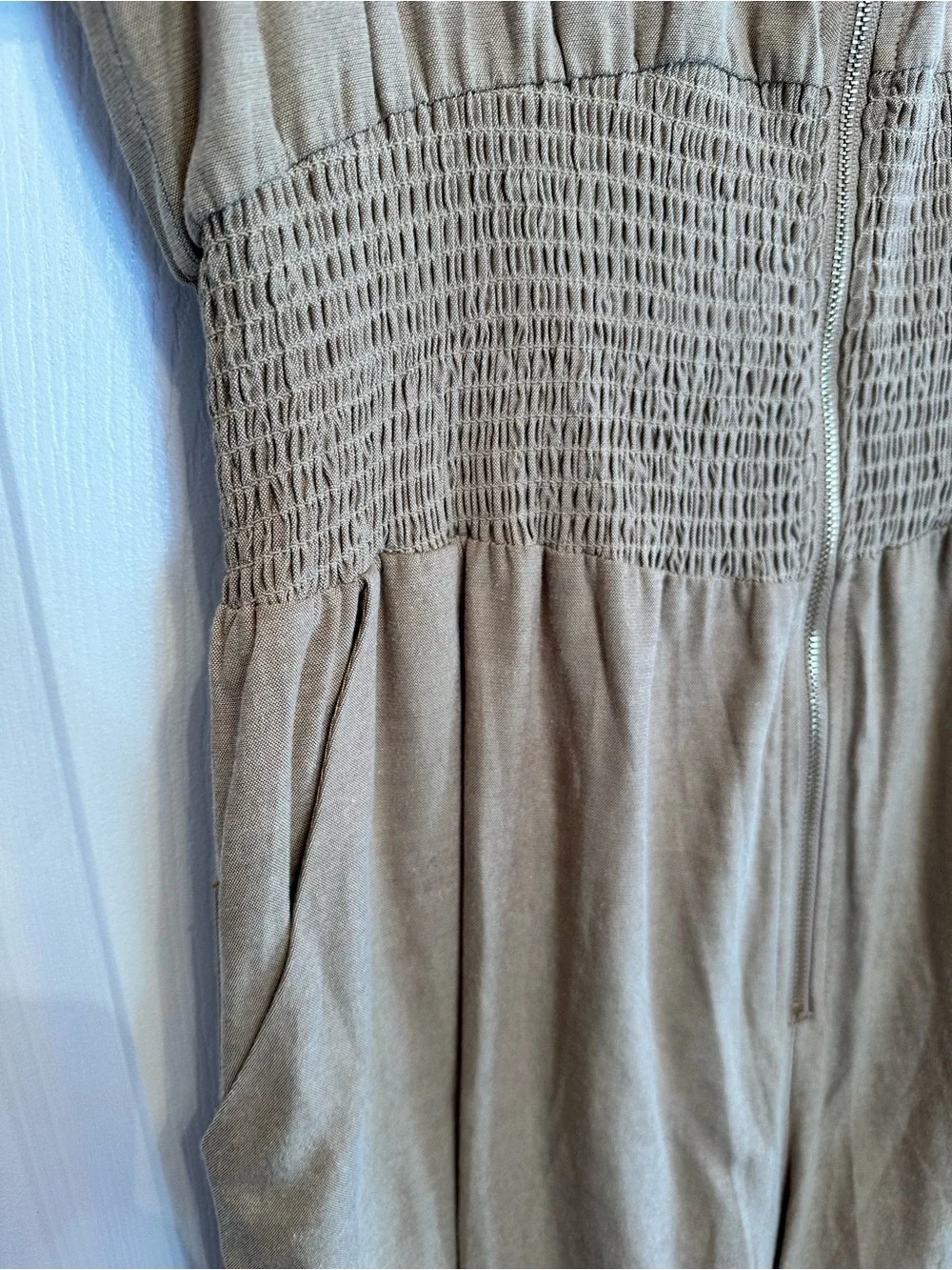 Ivy City Co Betsy Beige Short-Sleeve Smocked-Waist Jumpsuit